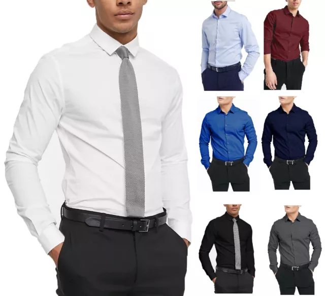 Mens Plain Modern Slim Fit Smart Shirts Long Sleeve Casual Formal Shirt RH09