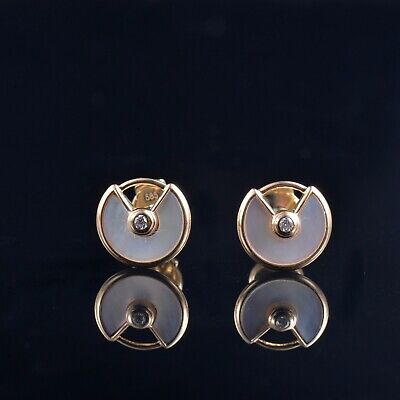 Natual White Shell Amulette Earrings Stud La Pousset Backing 14K Yellow Gold