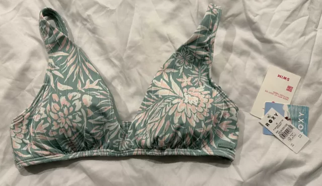 Roxy Bikini Top Rib Love the Oceana V Size Med Pink Blue White Floral Print NWT