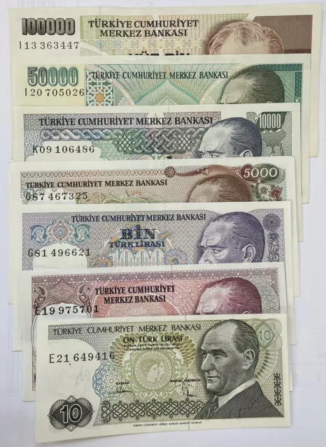 7 pcs Turkish Lira Banknote, 7th Emission mix lot TURKEY, TURKISH, TURKIYE