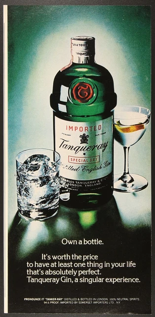 Tanqueray Imported English Gin Glass Bottle Goblet Vintage Print Ad 1974