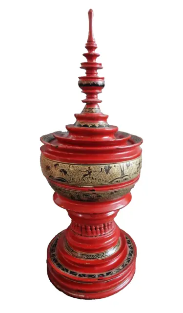 Antique Red Lacquered Wood Cryptic Design 14.25 in. Pagoda shape Box