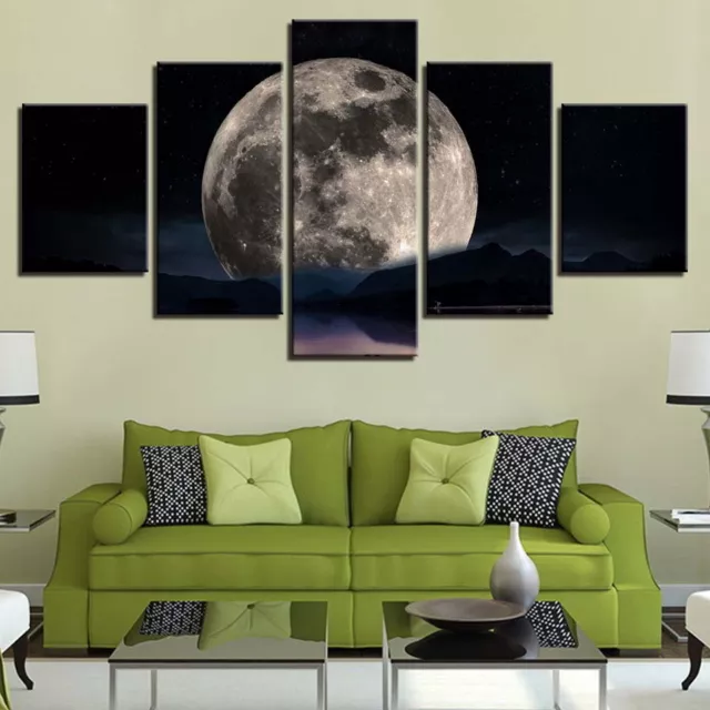 Full Moon Dark Night Framed Poster 5 Panel Canvas Print Wall Art Painting Decor