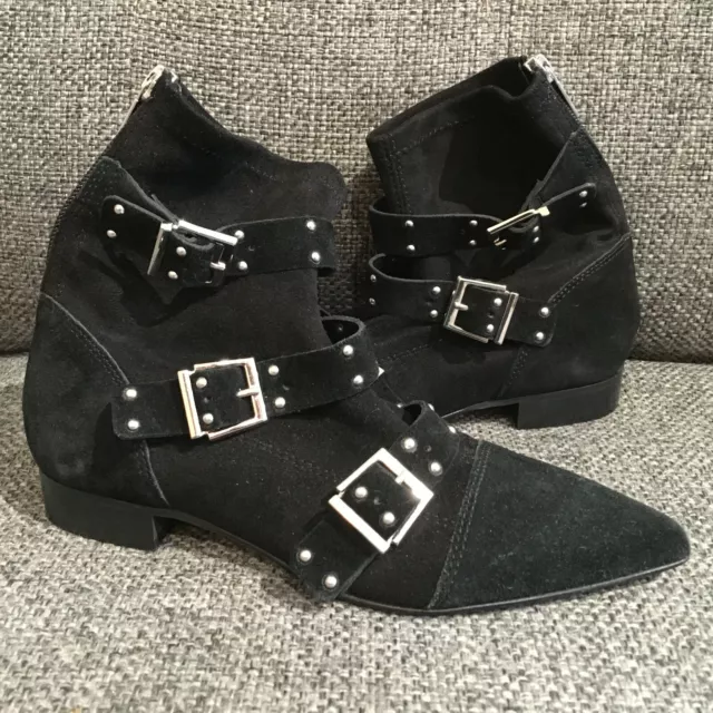 Steve Madden NIA Black Zipper Ankle Boots w/ Studded Buckle Straps - Size 6M