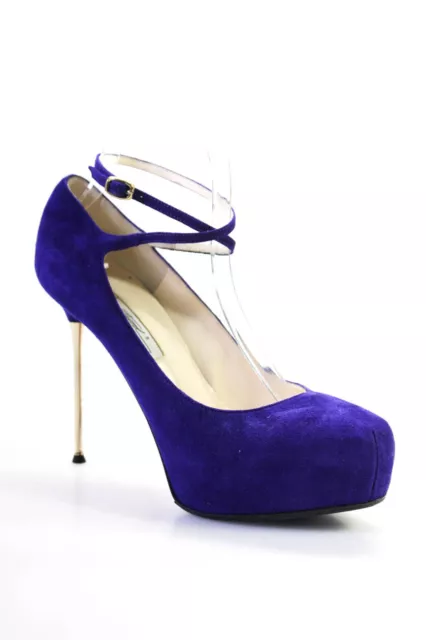 Brian Atwood Womens Stiletto Platform Ankle Strap Sandals Purple Suede Size 38.5