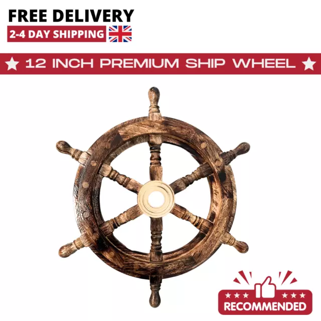 NEW 12" Nautical Wooden Ship Steering Wheel Decor Wood With Brass Inlay