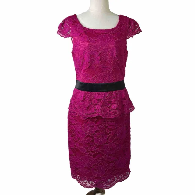 REVIEW Sheath Dress Size 12 Hot Pink Magenta Black Cap Sleeve Lace Layered Midi