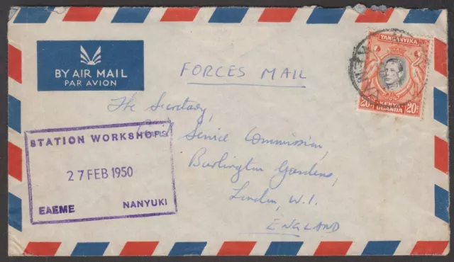 Kenya Uganda Tanganyika 1950 KGVI Forces Airmail Cover Nanyuki Station Workshops