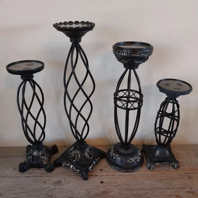 Set 4 Elements Candle Stand Holders Resin Coated Metal Unique Designs Black Silv
