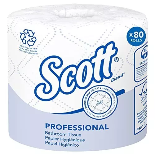 Scott Professional 100% Recycled Fiber Standard, 2-Ply, White,473Ct (Pack of 80)