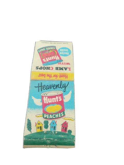 Hunts lamb chops tomato sauce and peaches  advertising Matchbook. Recipe on back