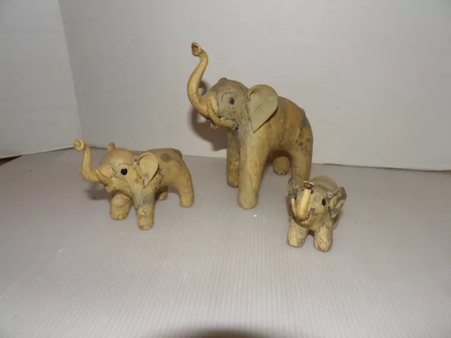 3 Vintage Lacquered Marbled Paper Mache Elephant Figurines-Trunks Up