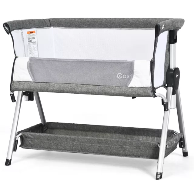 Portable Bedside Baby Crib Adjustable Bedside Sleeper Bassinet Height w/Wheels