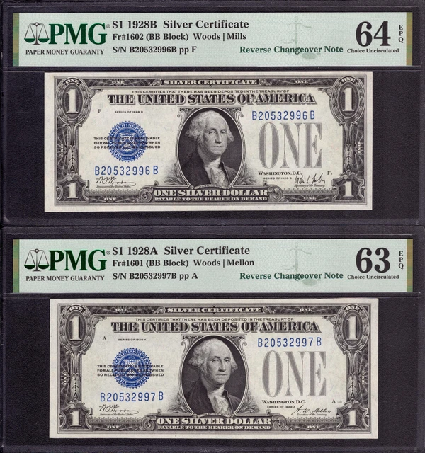 1928 B A $1 Silver Certificate Fr.1602/1601 Changeover Note Pair Pmg 64/63 Epq