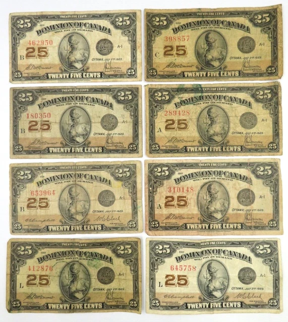 Lot of 8 - 1923 Dominion of Canada - 25 Cents Shinplaster Banknote