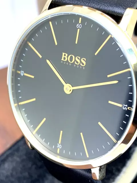 Hugo Boss Men's Watch 1513735 Horizon Quartz Gold Black Dial Leather Band 40mm