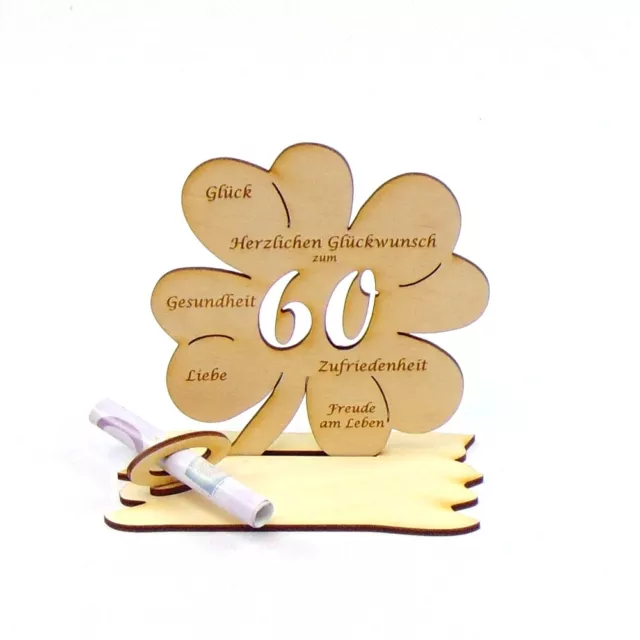 ZUM 60. GEBURTSTAG Kleeblatt Gutschein Geldgeschenk aus Holz