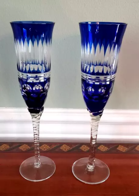 Bohemian Cobalt Blue Crystal Cut To Clear Champagne Flutes Handmade- Set Of (2)