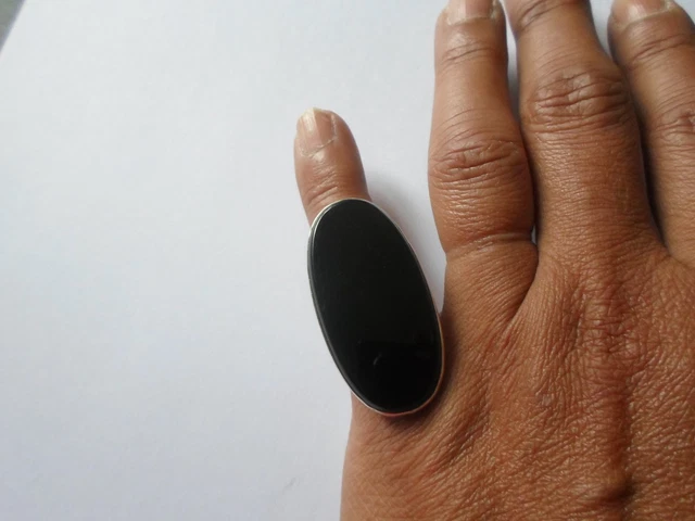 Bague En Argent Massif Avec Navette Noire Et Turquoise - Taille 47, Occasion, Style Ethnique Et Unique