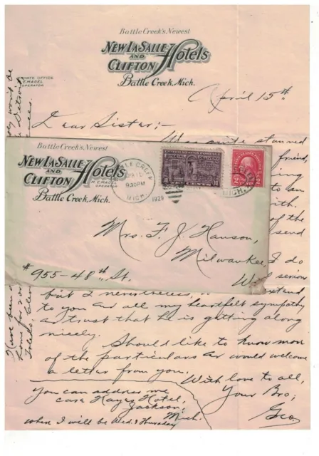 1929 Handwritten Letter  from New LaSalle & Clifton Hotels Battle Creek MI