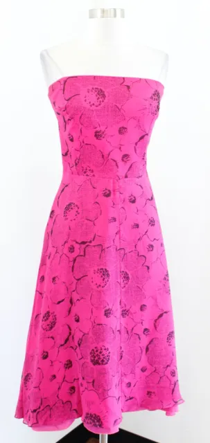 Vtg Corey Lynn Calter Pink Black Floral Strapless Silk Midi Party Dress Size 8