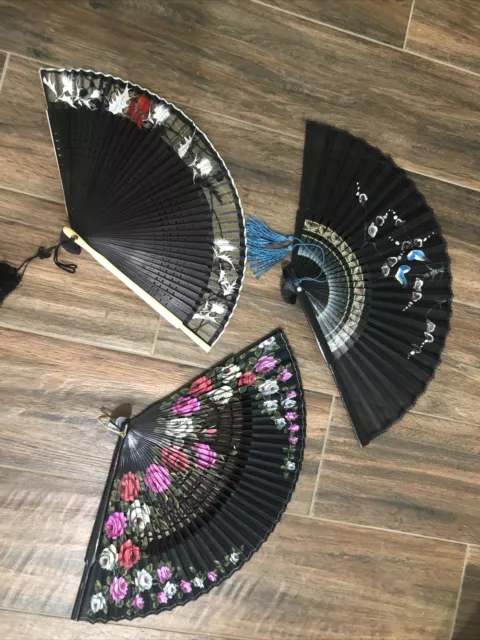 Antique Chinese Hand Painted Fan - Set Of 3