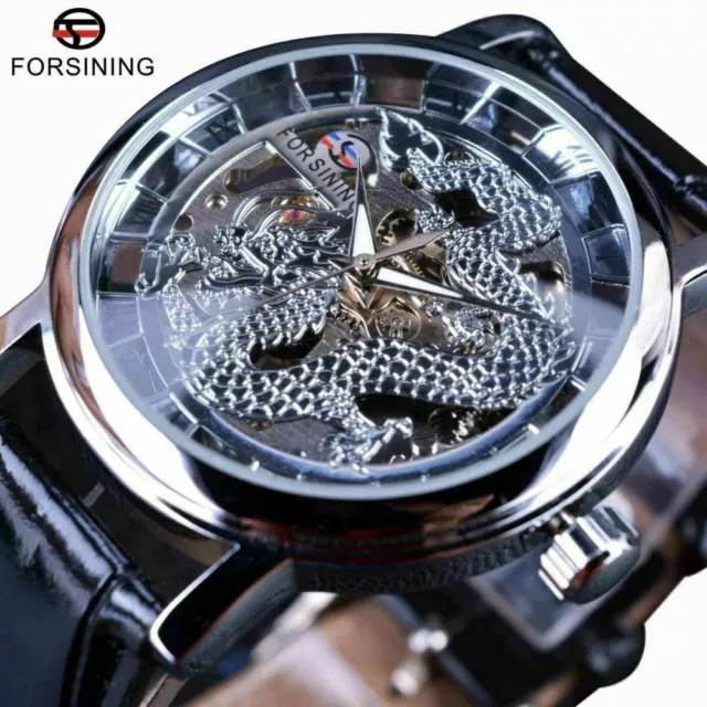 Chinese Dragon Mens Watch Automatic Gold Skeleton Luxury Mechanical Wristwatch