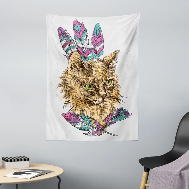 Chat Tapisserie Chat avec plumes colorées