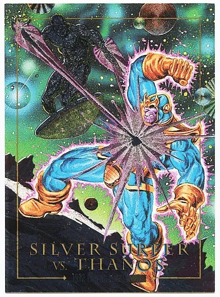 1992 -Silver Surfer vs Thanos- Marvel Masterpieces Spectra Foil Battle Card