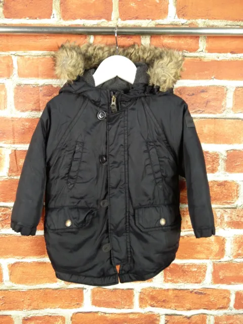 Baby Boy Coat Age 18-24 Months Gap Black Padded Casual Jacket Faux Fur Hood 92Cm