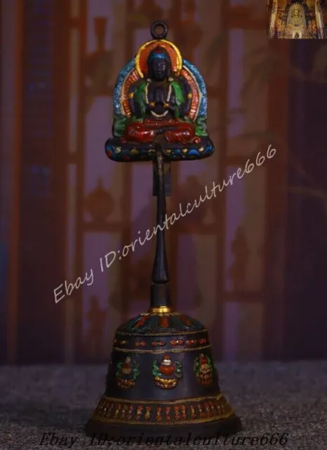 10'' Tibet Buddhism temple bronze painted Kwan-Yin rattle bell bell statue