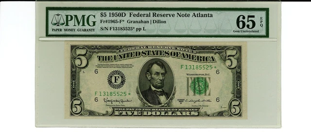 1950D $5 Federal Reserve Star Note - Scarce Atlanta District - PMG 65 EPQ - GEM 