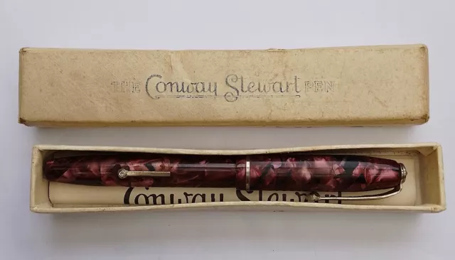 CONWAY STEWART 75   Lever Fill FOUNTAIN PEN Red Marbled - Vgc  14 kt Gold Nib