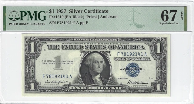 Fr. 1619 1957 $1 Silver Certificate Priest / Anderson, FA Block PMG 67EPQ SUPERB