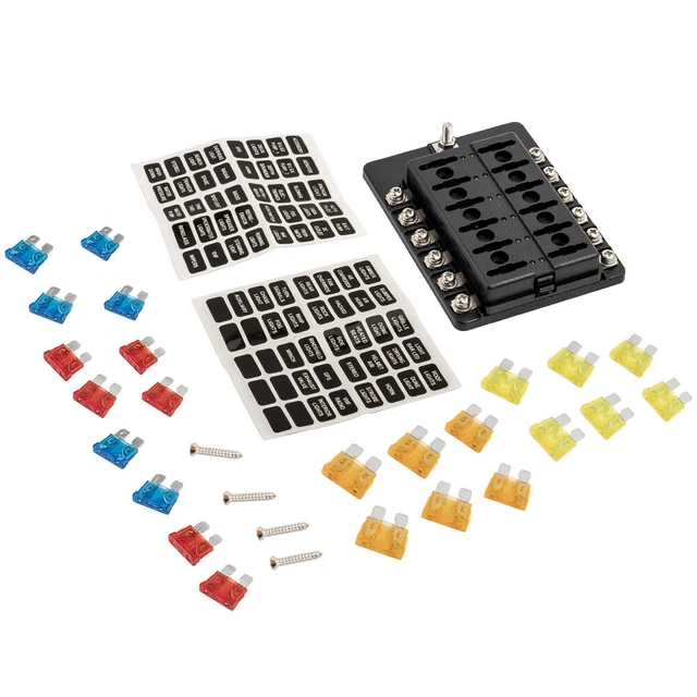 12 Way ATC ATO Blade Fuse Box Holder Power Block for Auto Marine Trailer Boat