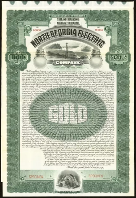 Authentic 9/1/1906 North Georgia Electric $1000 Gold Bond SPECIMEN=Very Rare!!
