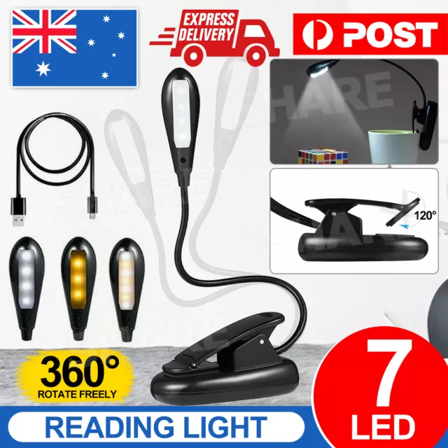 LED Book Reading Book Light Clip on Bed Rechargeable 3-level Brightness Lamp