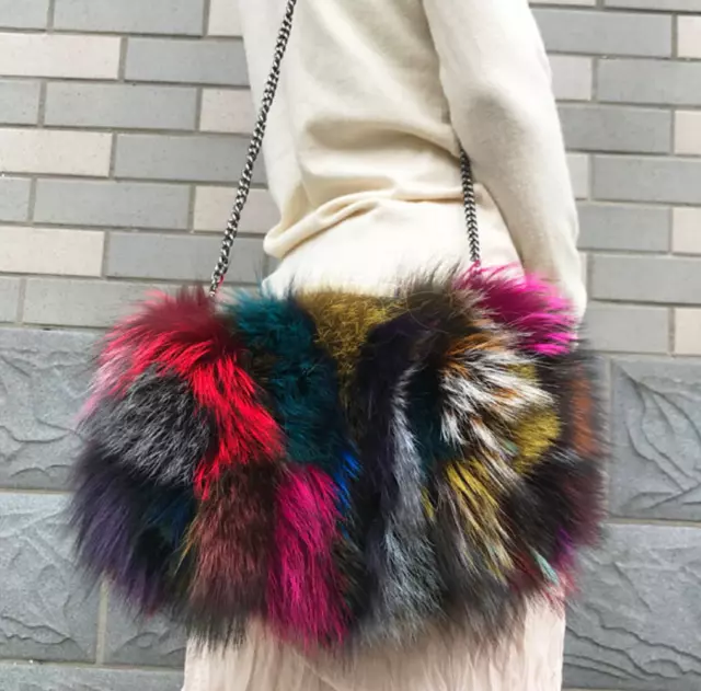 Womens 100% Real Fox Fur Handbag Purse Wallet Bag Cross body Shoulder Chain