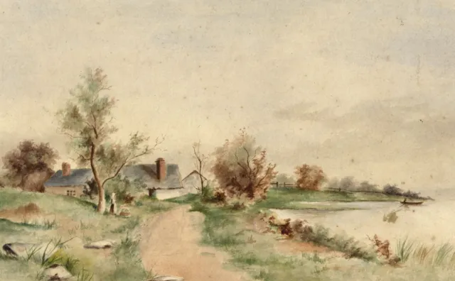 Fenland Scene with Rowing Boat & Cottage – mid-19th-century watercolour painting