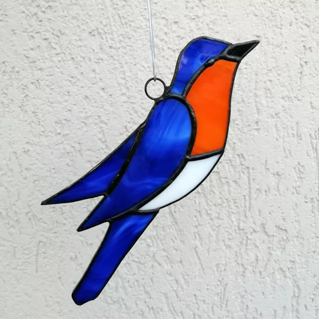 Bluebird Stained Glass Suncatcher Window Hanging Panel, Handmade Bird Wall Decor