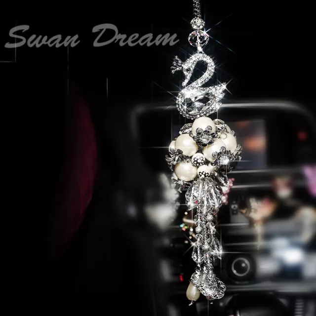 Crystal Swan Pearl Car Rearview Mirror Hanging Ornaments Accessory Pendant Decor