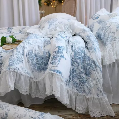 Luxury Bed Set Queen Size Big Lace Ruffle Bedding Set Floral Bed Cotton Linen