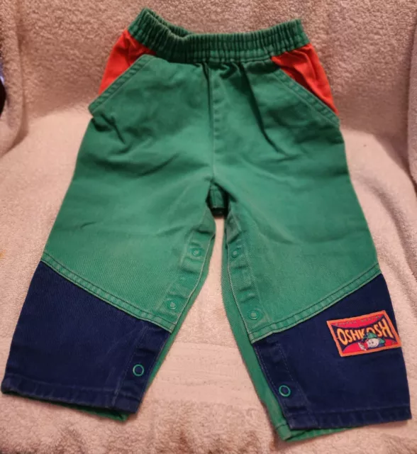 Vintage Osh Kosh B'gosh Green Blue Orange Color Block Denim Pants~Snaps~24 Month