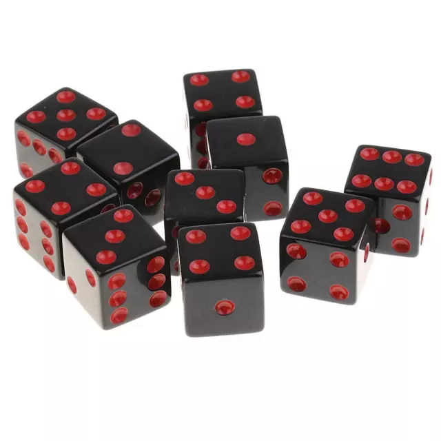Set of 10 Acrylic Six Sided Square Opaque D6 16mm  Die Black w/ Red