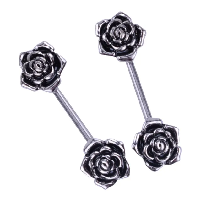 2 stück Rose Blume form Nippelring Mit Kappe Metallisches Schwarz Baumeln