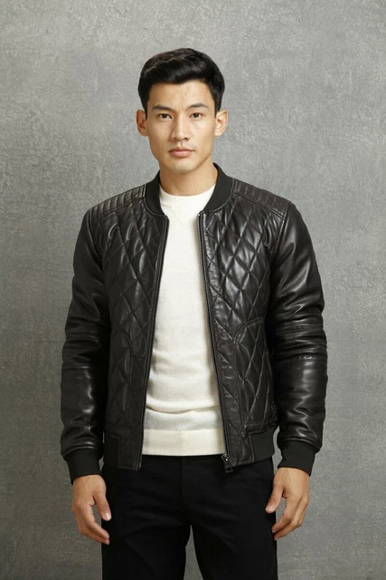 Black Quilted Leather Jacket Men Lambskin Bomber Size S M L XL XXL Custom Made