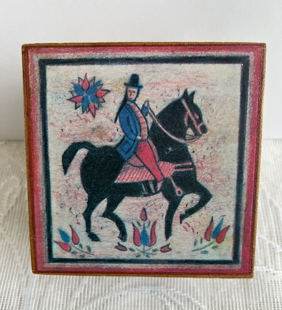 Vintage Black Horse Rider w Hat Wooden Hand Painted Trinket Jewelry Box 4 x 4