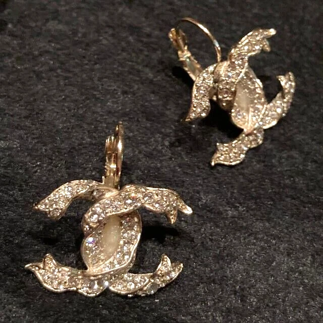 Chanel Coco Logo Twisted Big Ribbon Rhinestone Embellished Swing Earrings 18C
