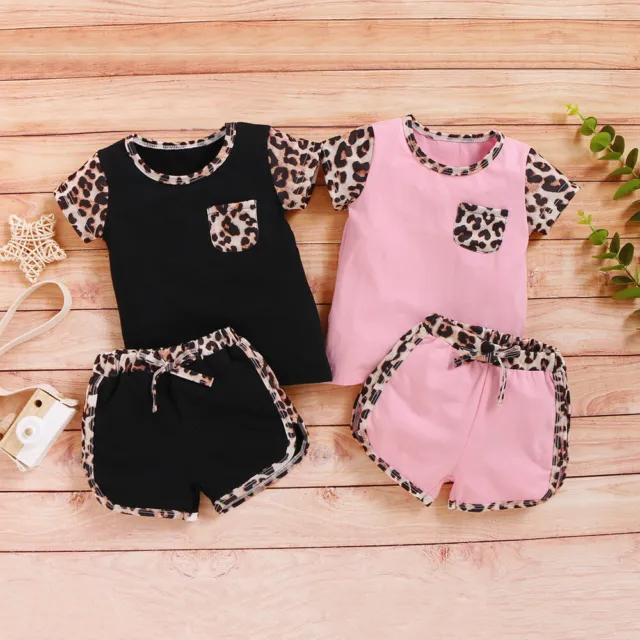 2PCS Girls Leopard Outfits Set Toddler Kids Baby Clothes Summer Tops Short Pants