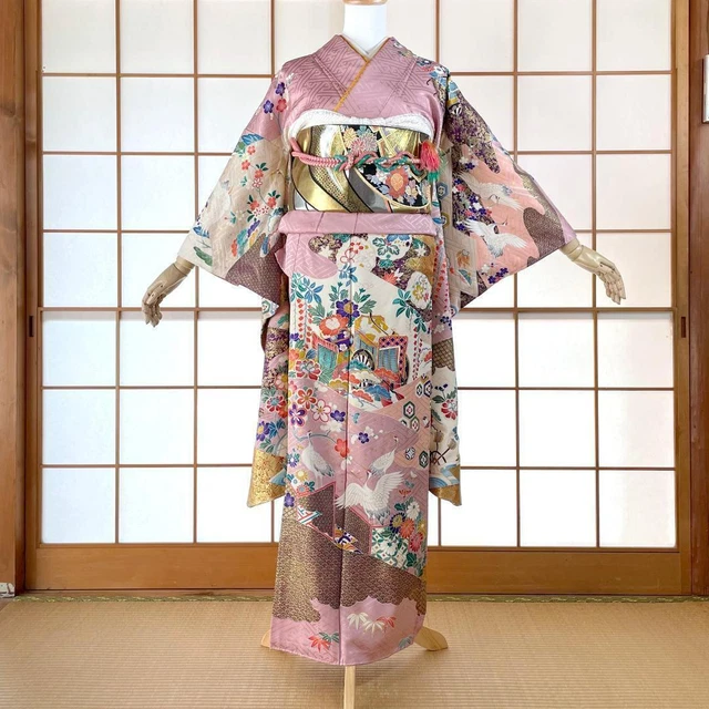 Japanese Kimono Furisode Pure Silk Smoky Pink Gold Embroidery